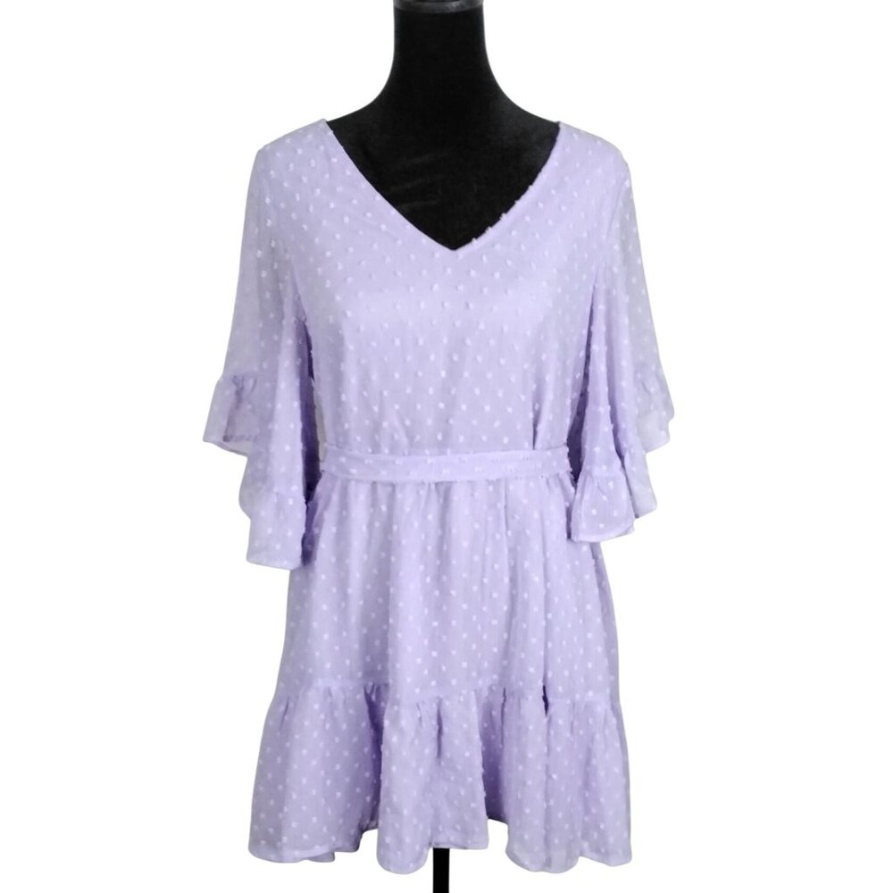 Missky Womens Size S Lavender Swiss Dot V-Neck Dress Ruffle Sleeves & Tie Waist